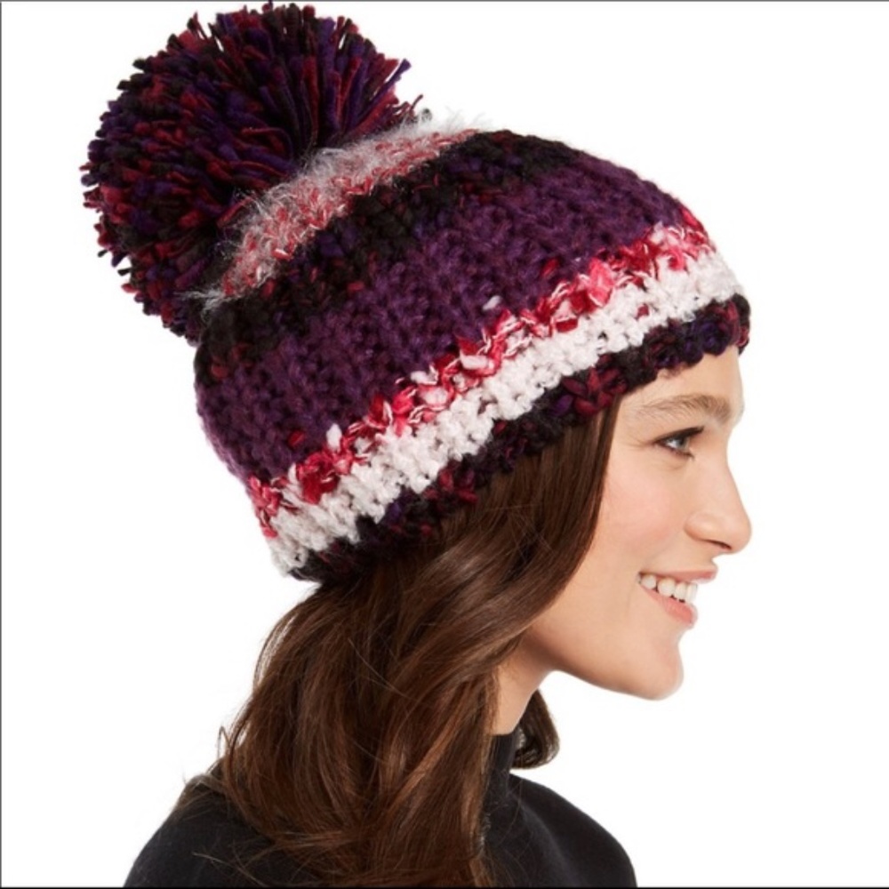 INC Color Blocked Mega-Pom Beanie in “Berry”